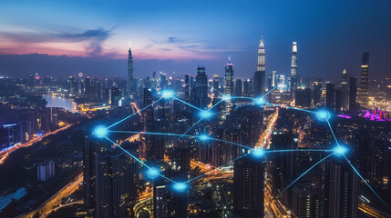 Fototapeta premium Smart digital Innovation city with connection network reciprocity over the cityscape. of future smart wireless digital city and social media networking systems that connects people with in city