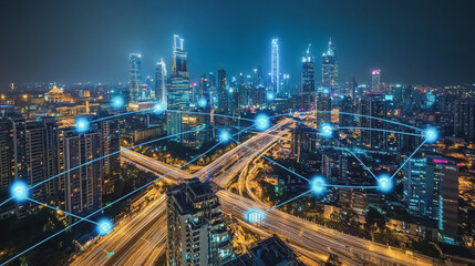 Fototapeta premium Smart digital Innovation city with connection network reciprocity over the cityscape. of future smart wireless digital city and social media networking systems that connects people with in city