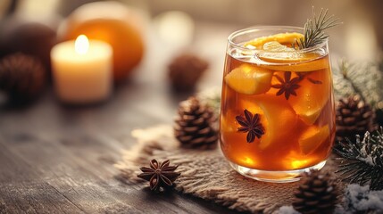 Fototapeta premium Cozy winter drink with citrus and star anise in rustic setting. Merry Christmas. Happy New Year