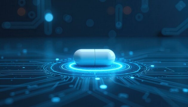 A white capsule pill sits on a glowing circuit board, representing futuristic pharmaceutical technology and medical innovation.