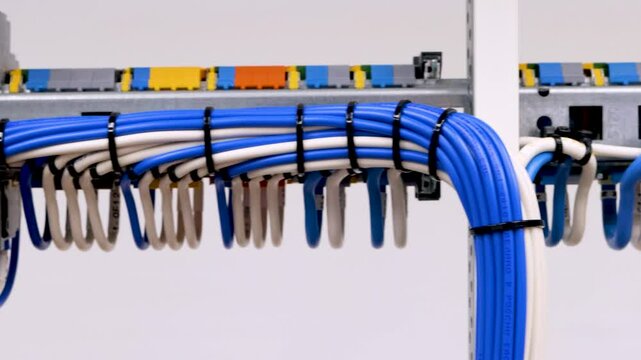 The reverse side of the electrical switchboard. The connected wires are tied with plastic ties.