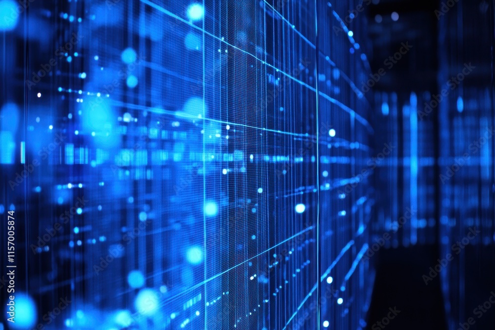 Poster Abstract blue digital data stream flowing through a grid.