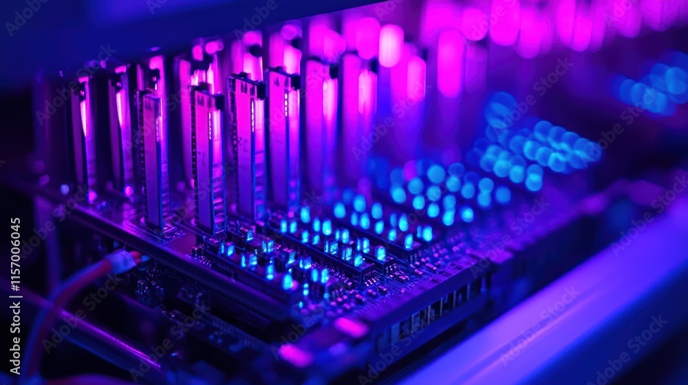Aufkleber Close-up of illuminated computer motherboard with RAM and components.