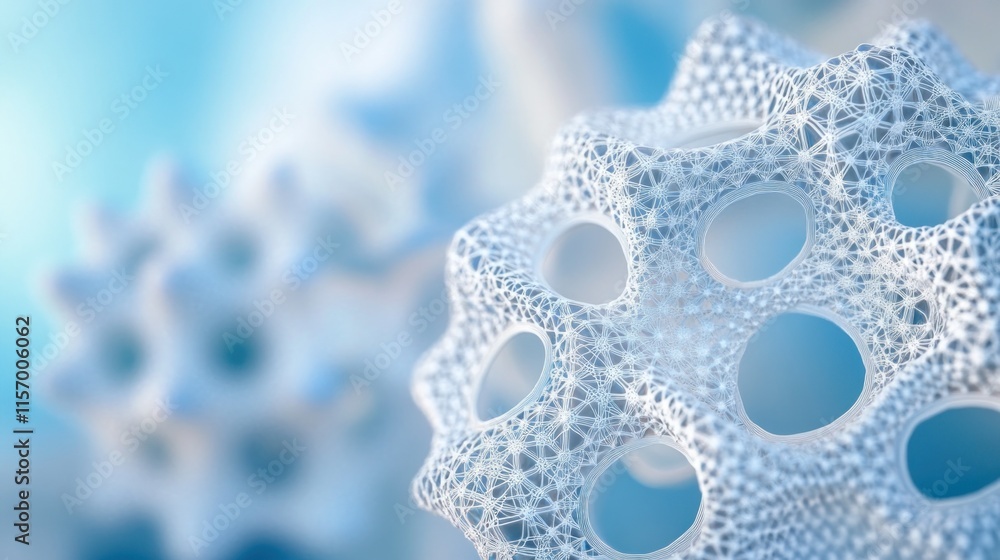 Poster abstract 3d render of interconnected white spheres with porous surfaces against a blue backdrop.