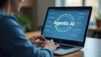 AI agents, Woman using laptop with Agentic AI software on screen, showcasing modern technology and digital work, blue tones and soft lighting