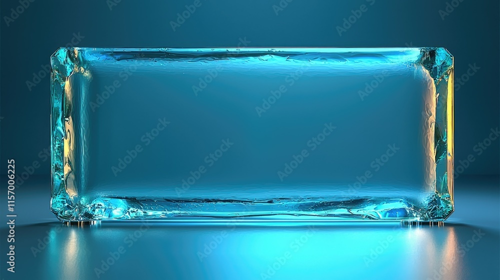 Poster a clear block of ice illuminated with blue light, showcasing its transparent texture.