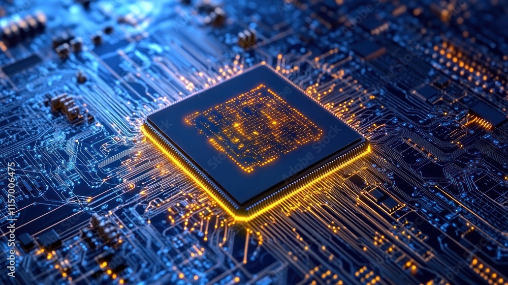 Poster close-up of a glowing central processing unit (cpu) on a circuit board. (2)