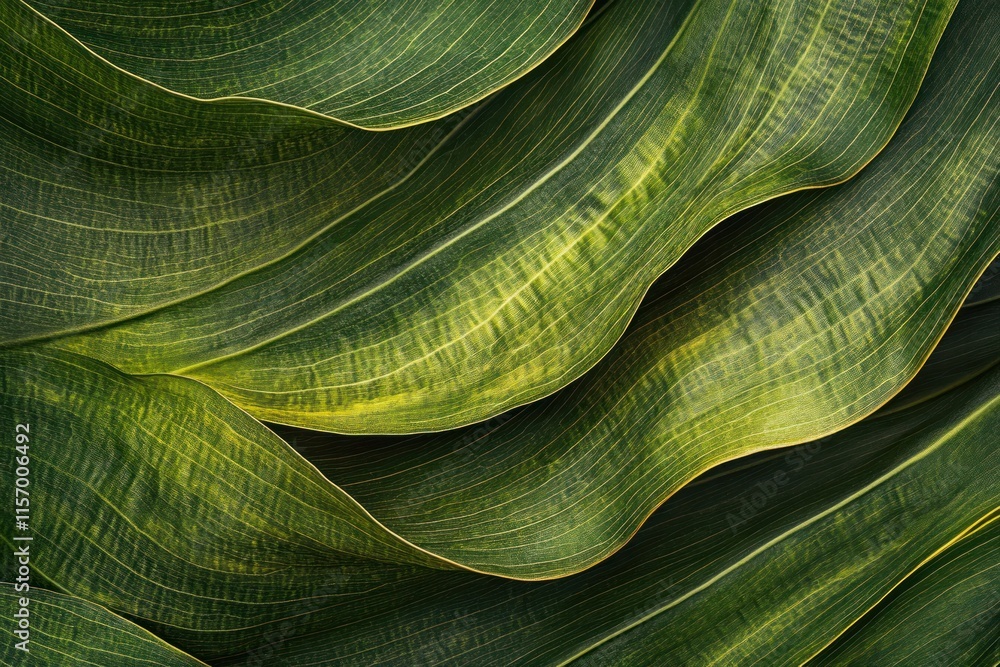 Poster close-up of overlapping green leaves with visible veins and textures.
