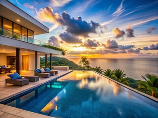 Fototapeta premium Panoramic Luxury Villa with Infinity Pool: Stunning Ocean View Estate