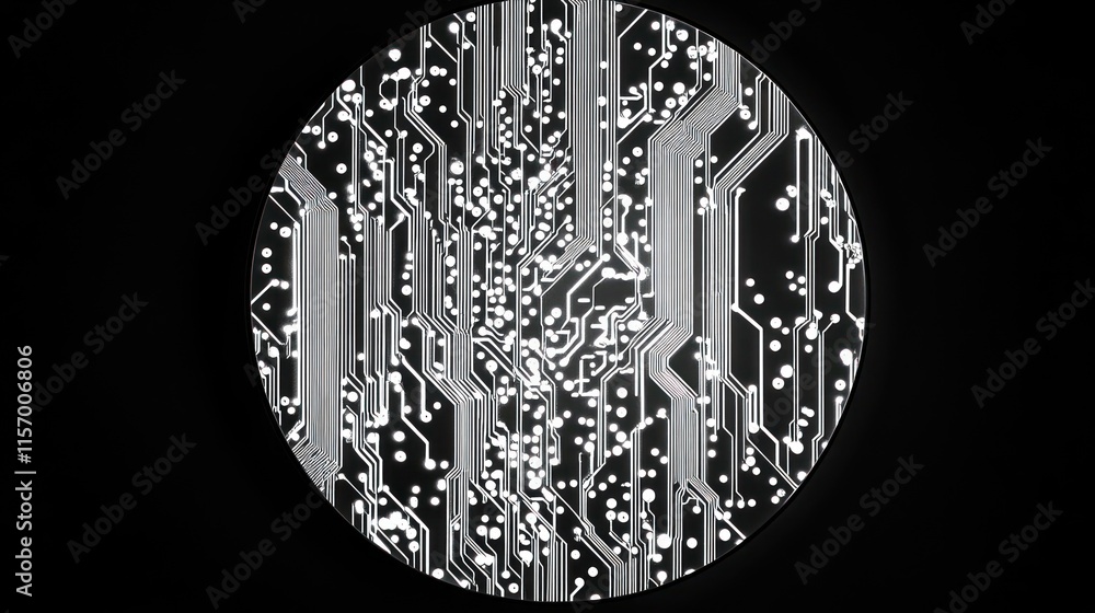 Poster Abstract circular design resembling a circuit board with glowing lines and dots on a black background.
