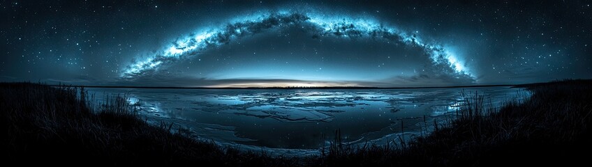 Fototapeta premium Twilight in the Arctic: Icy tundra with frozen lakes reflecting a vibrant aurora borealis in a deep blue and green sky