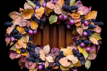 Autumnal wreath crafted with vibrant purple berries, dried leaves, and a rustic wooden background, perfect for fall decor.