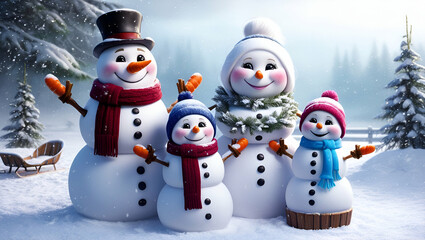 A cheerful snowman family of different sizes, representing parents and children, built in a snowy landscape with playful details like colorful scarves, twig arms, and carrot noses.