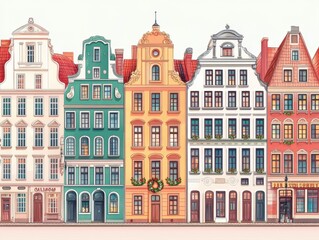 Fototapeta premium Christmas watercolor town, colorful old houses, European New Year charm