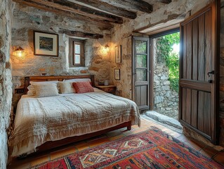 A rustic barn converted into cozy accommodation with warm lighting and a comfortable interior