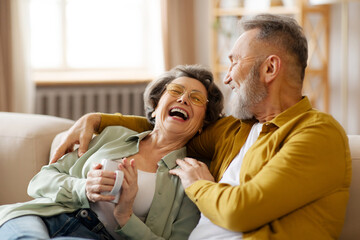 Happy long-lasting marriage. Senior spouses talking, sitting on sofa, woman holding cup of coffee...