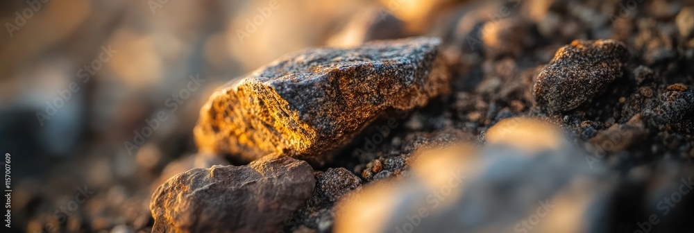 Poster close-up of a sunlit rock amongst others, highlighting texture and color variations.