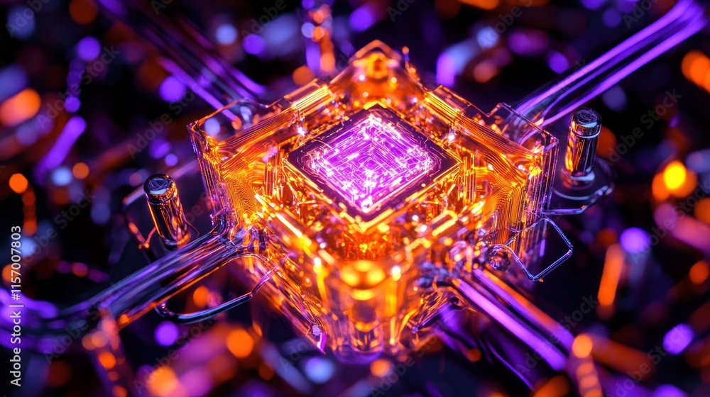Poster abstract glowing orange and purple cube with internal circuitry, technological concept.