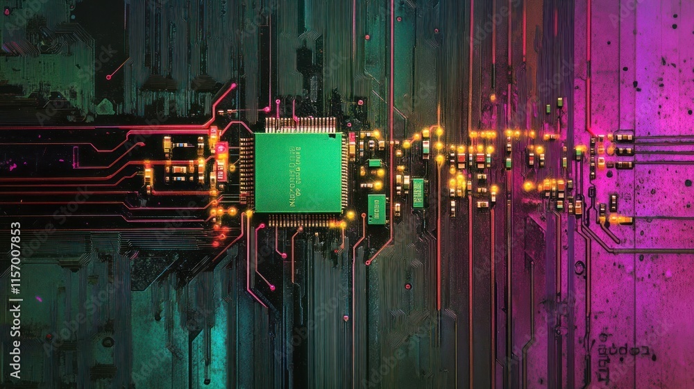 Aufkleber Abstract close-up of a circuit board with vibrant colors and intricate details, showcasing technological complexity.