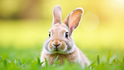 Fototapeta premium Adorable rabbit sitting in green grass with soft sunlight in the background.