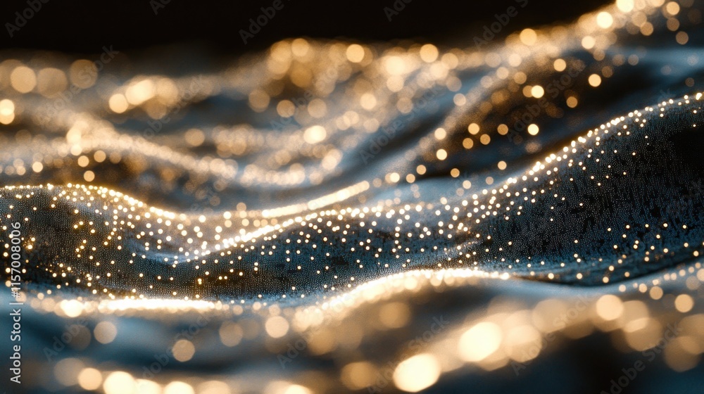 Poster abstract dark blue wavy surface with glowing golden particles.