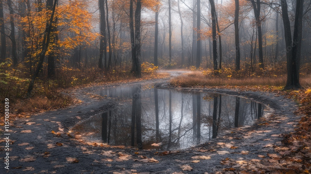 Poster misty autumn forest path reflecting in a puddle.