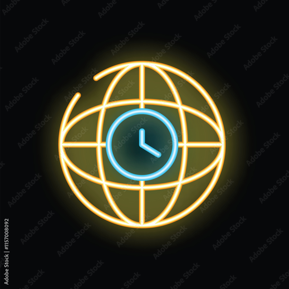 Poster glowing neon sign representing global business hours with a clock and world grid on a black backgrou