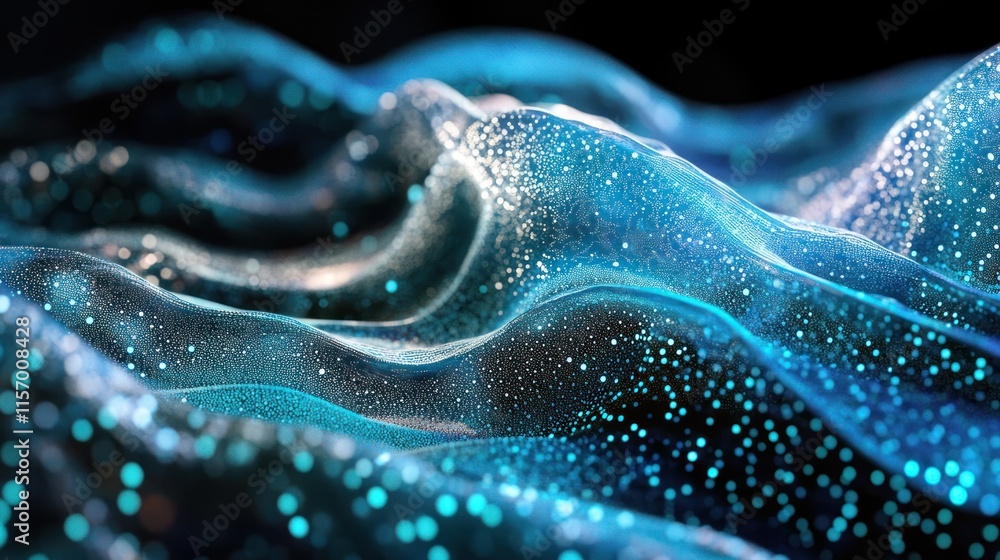 Poster abstract blue wave with glowing particles.