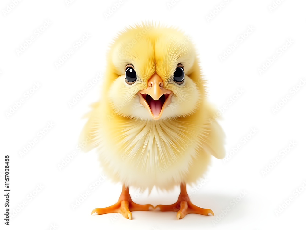 Poster surprised little chick looks up at camera with huge eyes in a funny and isolated portrait on white b