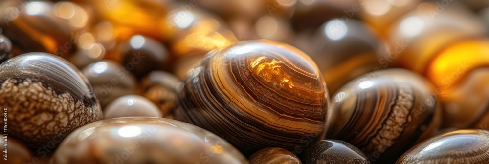 Poster close-up of polished banded agate stones, showcasing intricate patterns and warm color tones.