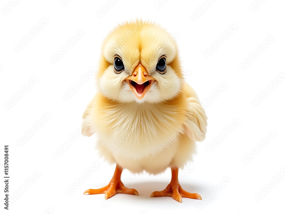 Aufkleber surprised little chick looks up at camera with huge eyes in a funny and isolated portrait on white b