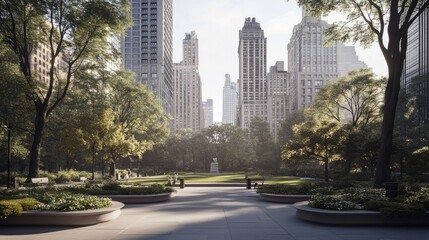 A serene park amidst urban skyscrapers.
