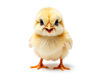 Obraz premium Surprised Little Chick Looks Up At Camera With Huge Eyes In A Funny And Isolated Portrait On White Background Created By Ai. 00002