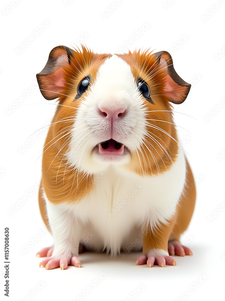 Poster surprised guinea pig looks up at camera with huge expressive eyes isolated against a plain white bac