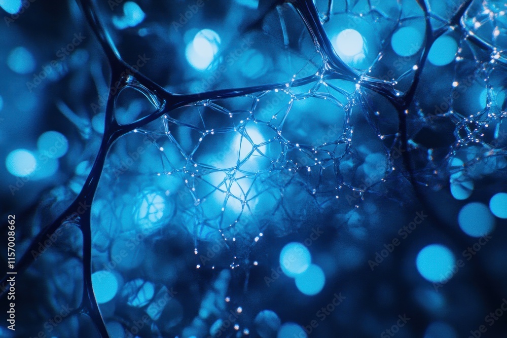 Poster abstract blue neural network, glowing nodes and connections.
