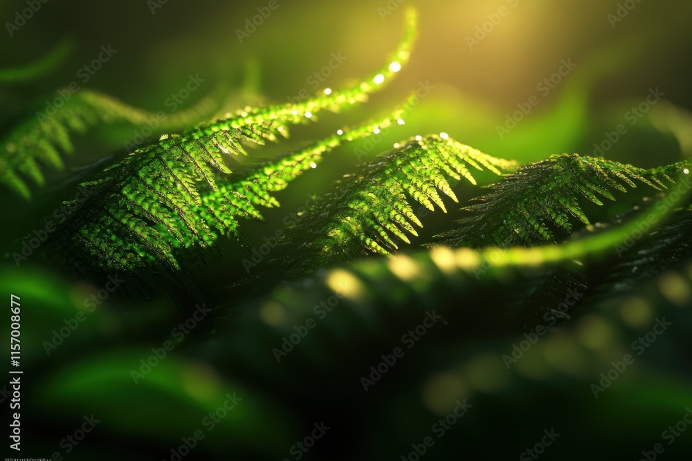 Poster close-up of vibrant green ferns with dew drops, illuminated by warm sunlight.