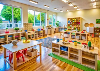 Panoramic View of a Vibrant Montessori Classroom Filled with Educational Toys and Learning Materials