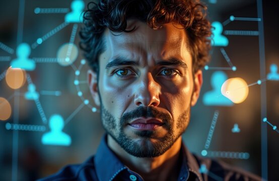 Man looks confident, pro tech profile. Modern updating digital profile. Holographic tech badges, network connections orbit. Futuristic, sleek touch screen. Business success, career development image.