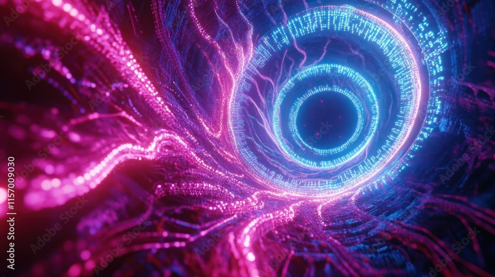 Poster abstract glowing neon tunnel with swirling light trails and circular patterns.