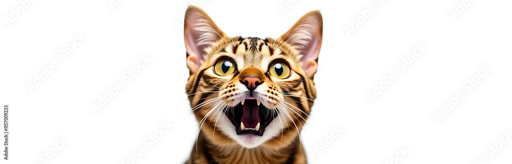 Poster surprised bengal cat with huge yellow eyes looks directly at viewer in a funny isolated portrait aga