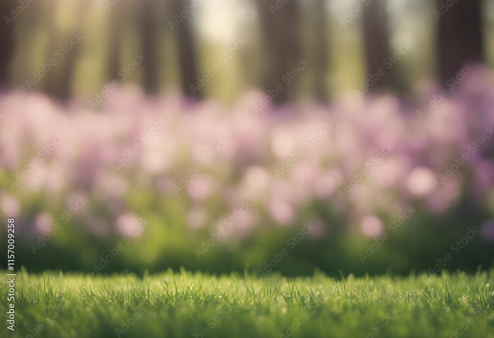 Poster beautiful blurred background image of spring nature with a neatly trimmed lawn surrounded by trees