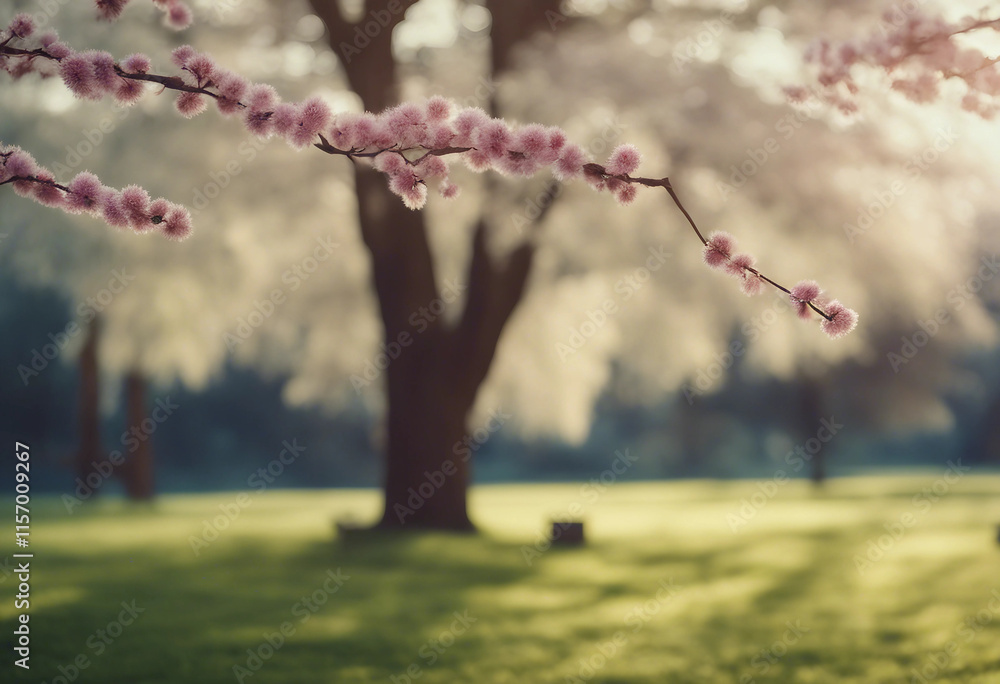 Poster beautiful blurred background image of spring nature with a neatly trimmed lawn surrounded by trees
