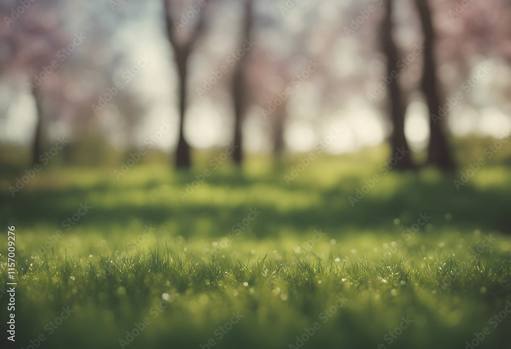 Poster beautiful blurred background image of spring nature with a neatly trimmed lawn surrounded by trees