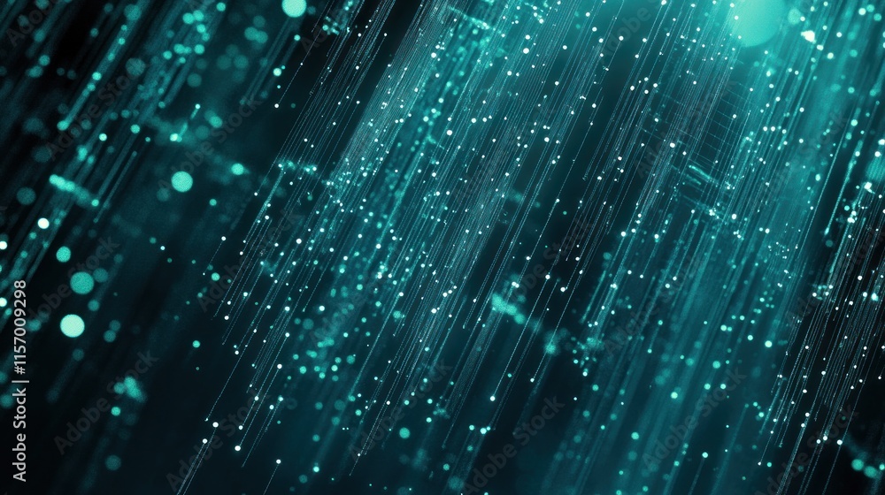 Poster Abstract teal digital data stream background with glowing particles and lines.