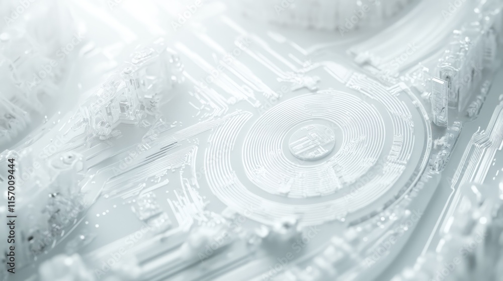 Poster Abstract white technological background with circuit board design and central circular element.