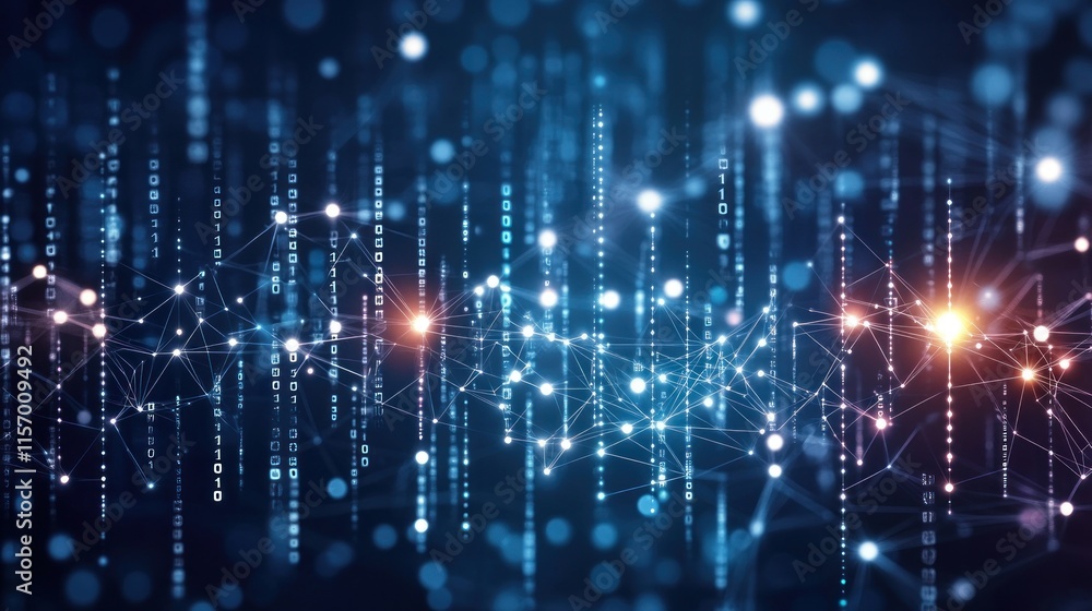 Poster Abstract digital data flow, network connection, binary code, glowing particles, technology background.