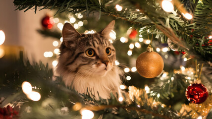 A close-up view of a curious cat's head peeking through the branches of a beautifully decorated Christmas tree. The
cat's fur is soft and slightly illuminated by the warm glow of the tree lights. 