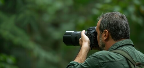 Nature photographer capturing images in a lush green setting.