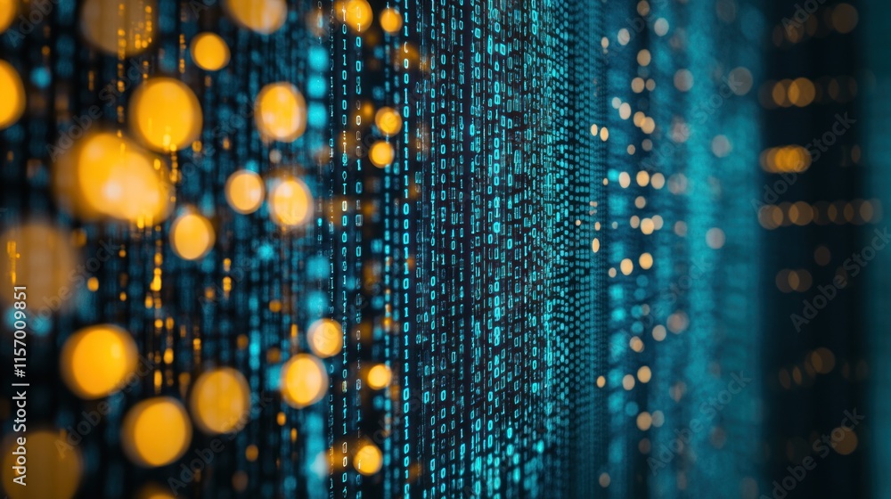 Leinwandbilder Abstract digital data stream with glowing particles, binary code, and technological background.