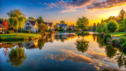 Fototapeta premium Panoramic View of Serene Community Lake Surrounded by Homes at Sunset